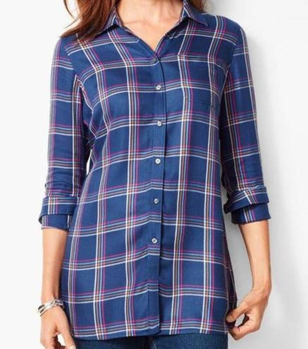 Talbots Tunic Blouse Top Blue Buckingham Plaid Button Front Long Sleeve Sz L